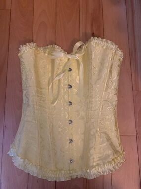 Yellow Satin Brocade Corset Top with Ruffle Trim Small Costume Cosplay Fantasy
